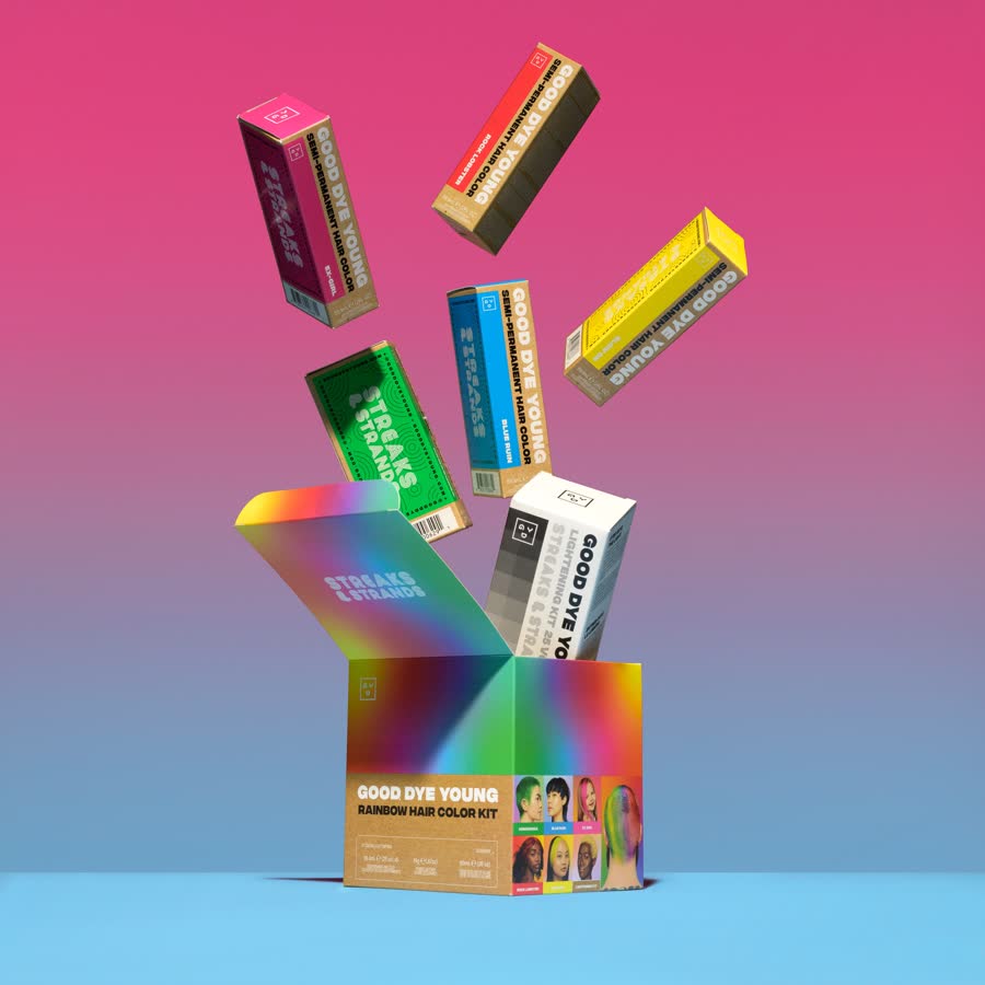 The Good Dye Young Rainbow Hair Color Kit, tubes tumbling out of a rainbow box