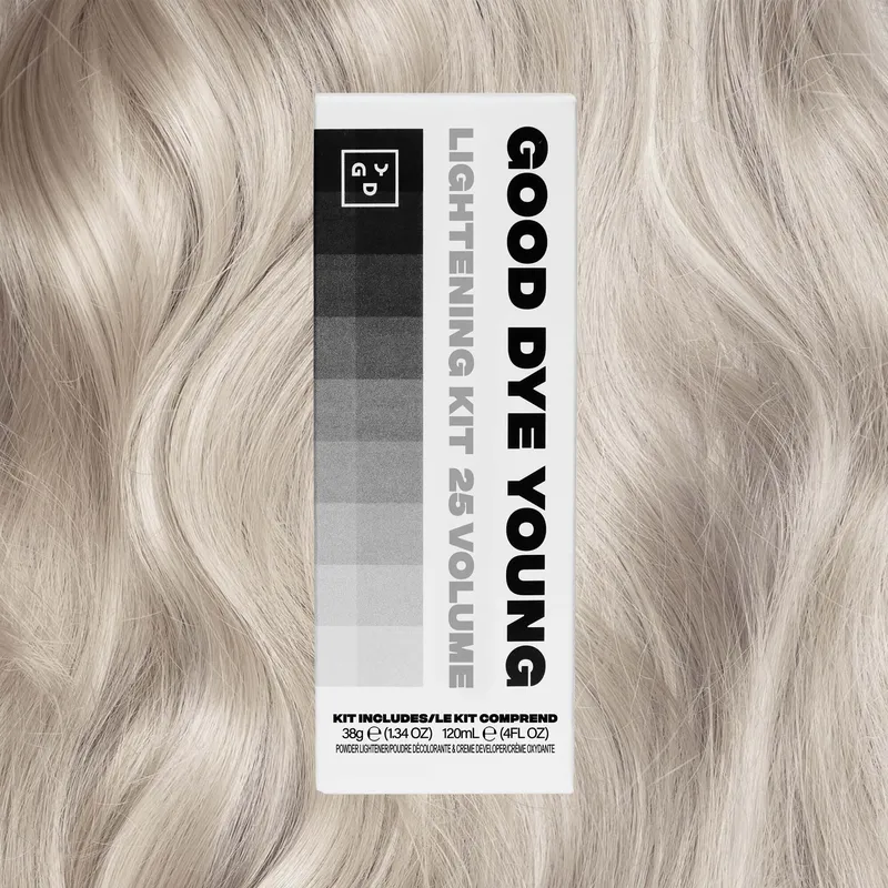 The Good Dye Young Lightening Kit box on platinum hair