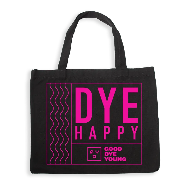 The black and pink Dye Happy tote bag